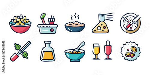A set of kitchen utensil icons for cooking, including a pot, pan, and chef's knife, with a coffee cup and tea pot for drinks