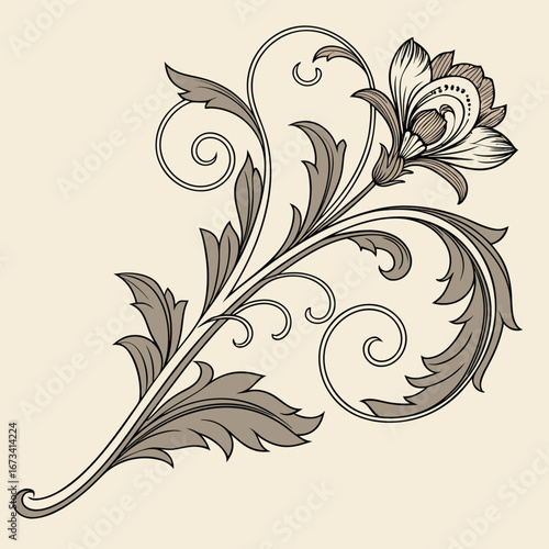 Intricate vintage baroque ornament design featuring elaborate scrollwork and flourishes in a rich cmyk color palette suitable for elegant stationery and decorative applications