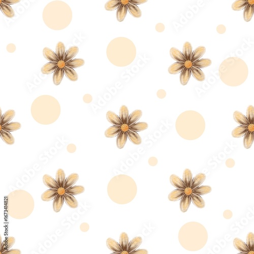 Floral and polka dot pattern design with beige flowers and circles in a light background creating a cheerful aesthetic