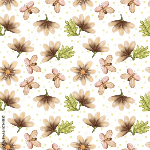 Colorful floral and butterfly pattern showcasing nature's beauty in a vibrant design suitable for various applications. Kids pattern wallpaper, textile, fabric.	.