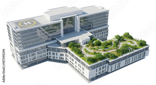 A modern hospital building featuring sustainable architecture, a green rooftop garden, and a helipad for emergency medical services, isolated on a white background