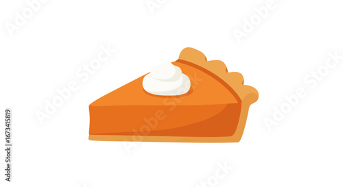 A slice of pumpkin pie with a dollop of whipped cream isolated on a white background