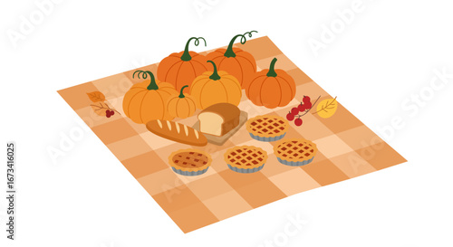 Autumn scene pumpkins pies and bread on a checkered blanket
