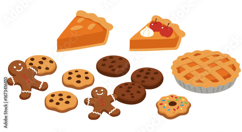 Desserts arranged pumpkin pie slices latticecrust pie gingerbread men chocolate chip cookies and a sprinkled donut