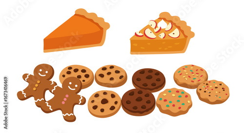 Desserts pumpkin and apple pie slices with gingerbread men and various cookies arranged on a white background