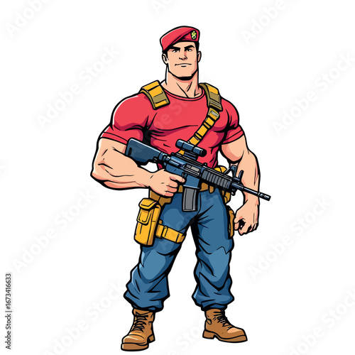 Vsai muscular soldier holding assault rifle, ready for combat