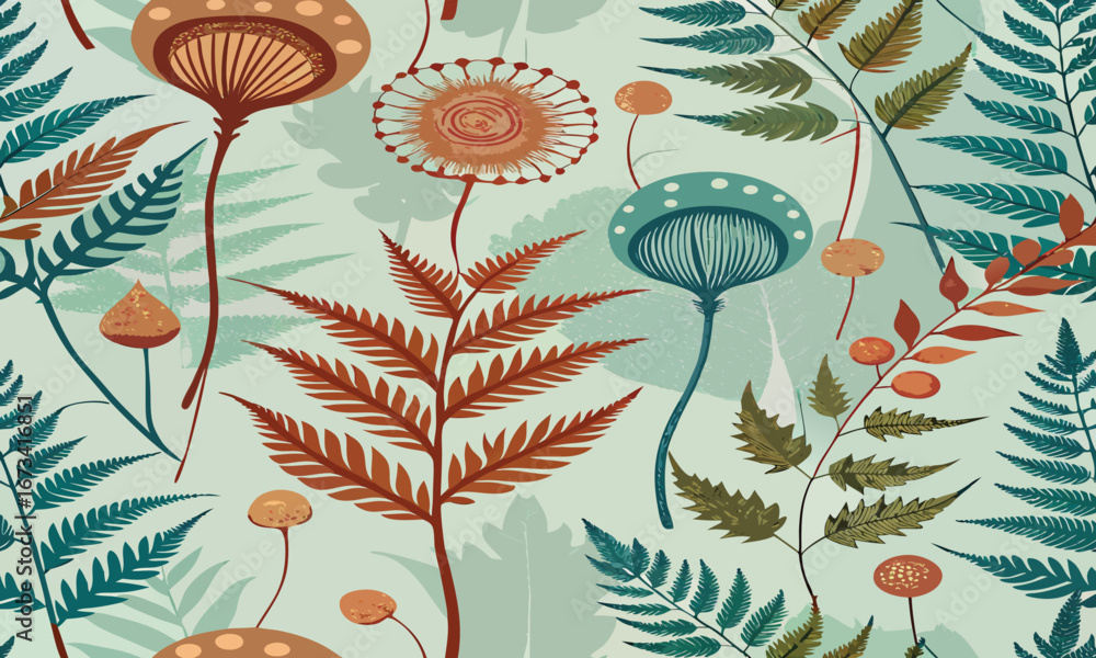 Obraz premium Vintage botanical repeat. stylized ferns and seed pods with subtle distress mask, vector repeat, palette.