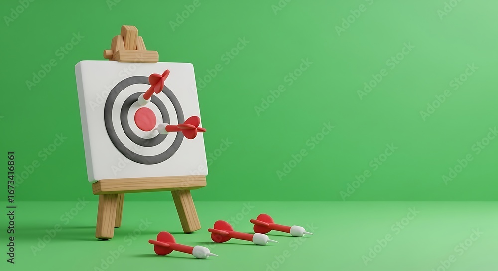 Obraz premium Hitting the bullseye a 3D illustration of darts aimed at a target board set on an easel, symbolizing success, precision, and achieving goals with a clear green background