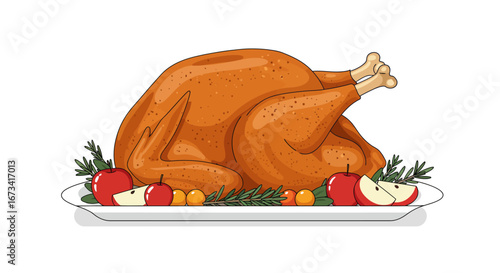 Roasted turkey on a platter garnished with apples and rosemary