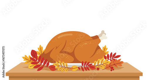 Roasted turkey on a wood table decorated with colorful fall leaves
