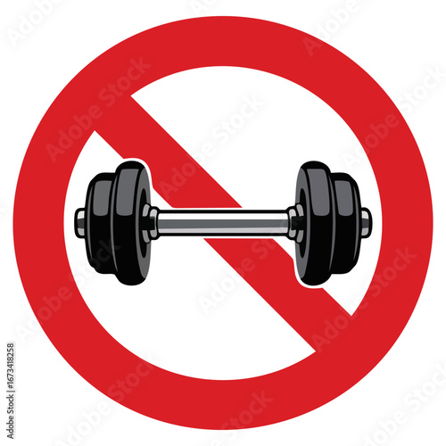 No used barbell sign vector illustration symbolizing do not get dumbbell for gym sport, caution symbol for exercise, health restriction, fitness awareness and gym related sport safety themes