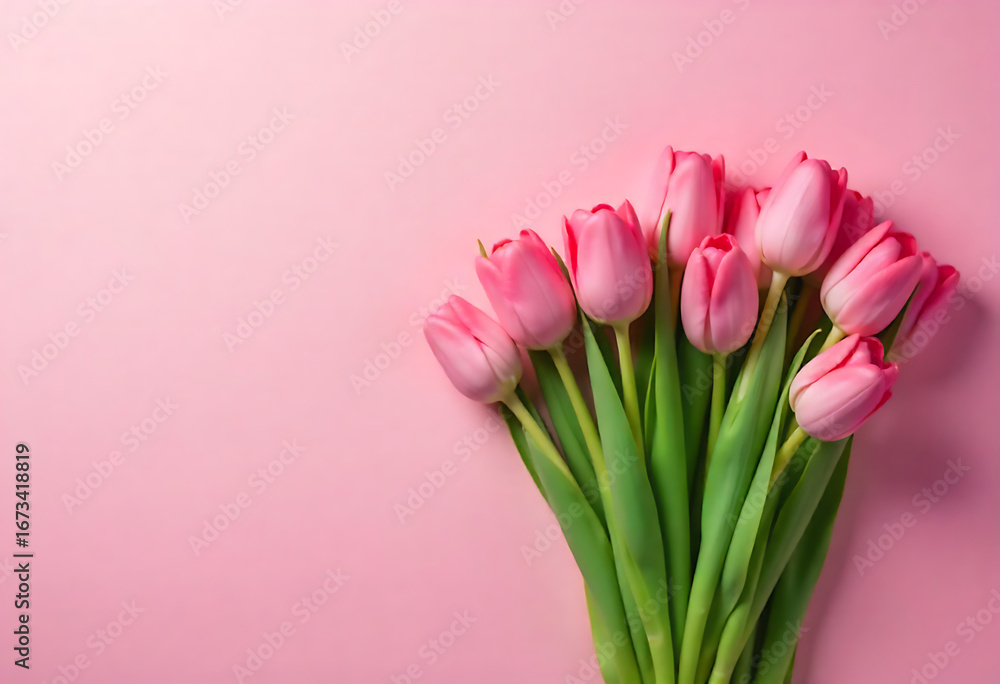 Fototapeta premium Beautiful composition spring flowers. Bouquet of pink tulips flowers on pastel pink background. Valentine's Day, Easter, Birthday, Happy Women's Day, Mother's Day. Flat lay, top view, copy space See L
