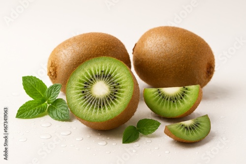 Fresh, vibrant kiwis with refreshing mint leaves and water droplets on white.