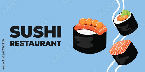 Vector illustrated advertising web and desktop banner with Japanese cuisine, traditional Asian food including sushi and rolls, perfect for Asian restaurant branding, menu design, and promotional