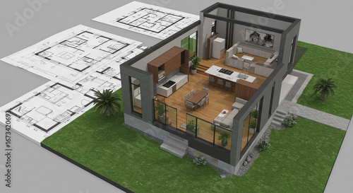 Explore modern architectural blueprints and a sleek 3D house model, envisioning your dream home design.