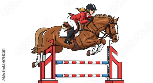 Equestrian Sport Woman Jumping Horse Over Obstacle in Cartoon Style
