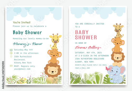 Cute baby shower invitation with safari animals, giraffe, elephant, toucan, and tropical leaves.