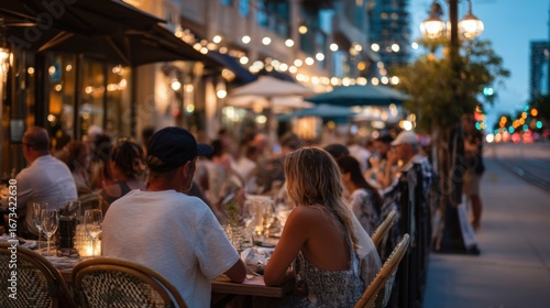 Outdoor dining scene at night with people enjoying meals. Tables are set with glasses and plates. Warm lights illuminate the area, creating a cozy atmosphere.