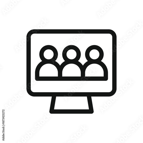 Queue management system outline icon, desktop monitor with people line vector symbol with editable stroke