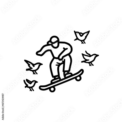 Skateboarder with birds vector art illustration for skateboarding and outdoor activity designs and graphics use