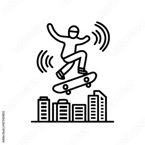 Skateboarder jumping urban cityscape line art vector graphic design illustration extreme sports and recreation concept