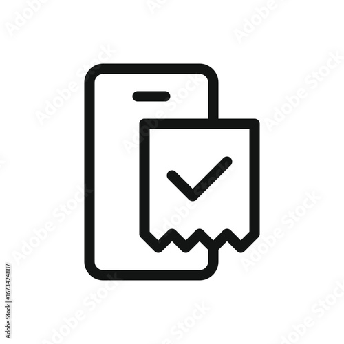 Mobile phone app with paper receipt outline icon, virtual queuing system line vector symbol with editable stroke