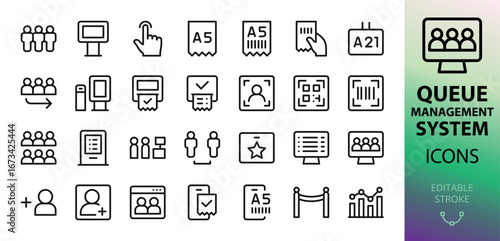 Queue management system outline icons set with editable stroke