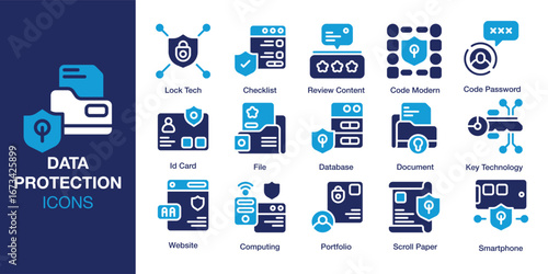 Data Protection icon set. Containing data, protection, security, privacy, shield, and more. Solid vector icons collection. Vector illustration.