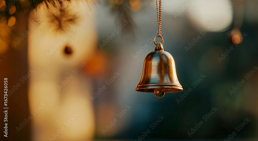 Obraz premium Golden bell Christmas ornament hanging on a pine tree with dark blurred background.