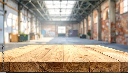 Wallpaper Mural Empty wooden table in front of a large industrial hall Torontodigital.ca