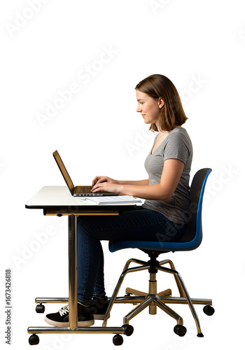 Young Woman Typing on Laptop at Desk - Vertical - Transparent Background