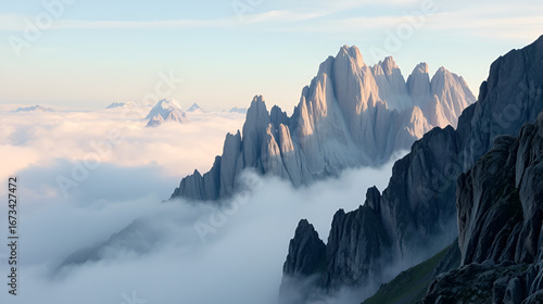 Majestic rocky mountain peaks rise above thick mist and clouds, bathed in soft daylight, evoking grandeur, tranquility, and the sublime beauty of untouched nature.