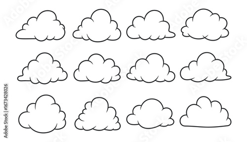 A versatile collection of outlined cartoon clouds, ideal for weather forecasting, sky design elements, or children's illustrations and graphic projects