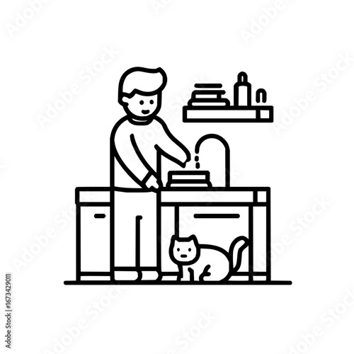 Man washing dishes kitchen chores home cleaning routine domestic life kitchen sink and cute cat vector art
