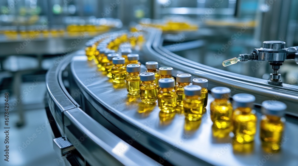 Fototapeta premium Automated pharmaceutical bottling line