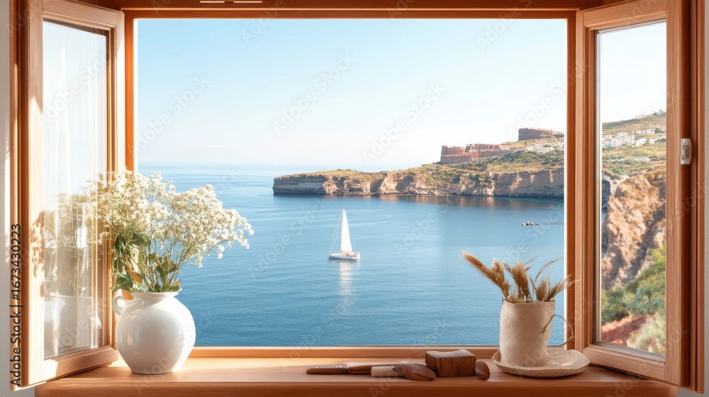 Fototapeta premium Coastal view through ferry window, ocean horizon visible, maritime perspective.