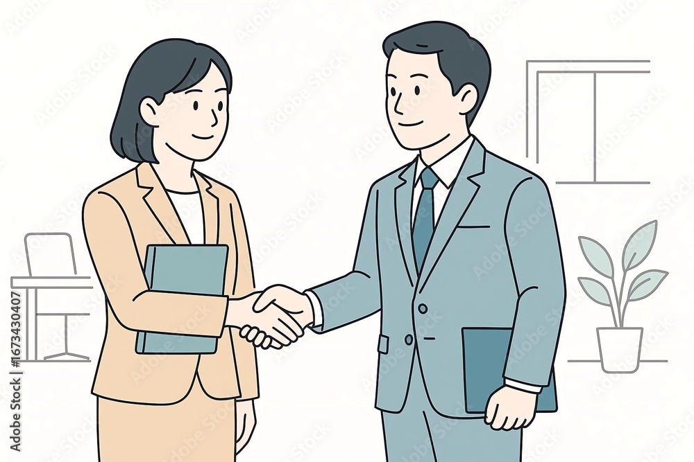 Fototapeta premium オフィスでスーツ姿の男女が握手するビジネスシーンのイラスト。契約成立や協力関係、信頼や成功をイメージしたビジネスウーマンとビジネスマンのやり取り