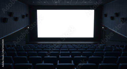 Empty cinema auditorium with bright blank screen ready for presentation or movie premiere