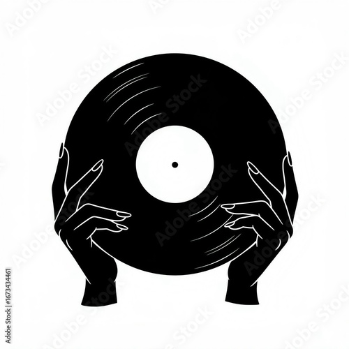 female hands holding a vinyl record vector 