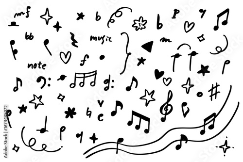 シンプルなモノクロ音符と楽譜記号セット — 手描き風の音楽イラスト素材