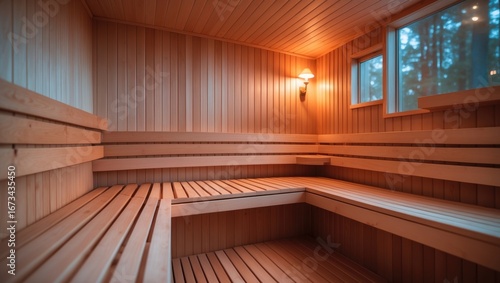 Interior of a wooden sauna with benches and warm lighting.