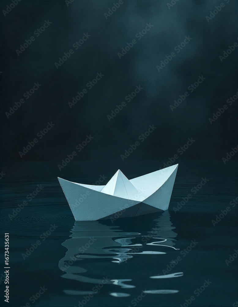 Obraz premium Fragile Paper Boat Floating Alone on Calm Dark Water at Night