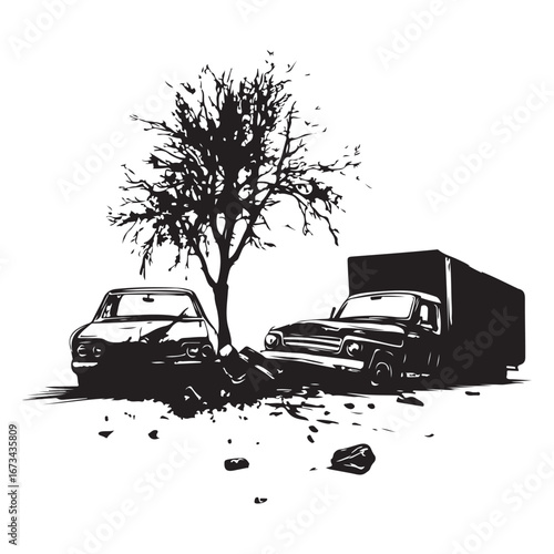 Two cars colliding, against a white background. Vector illustration
