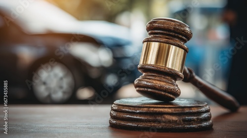 Wooden gavel on a table, blurred car accident in background