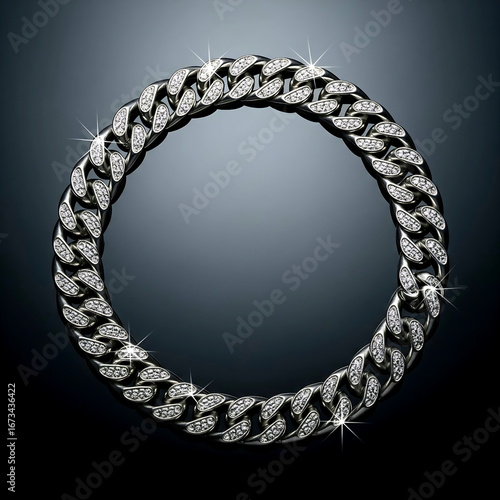 Luxury silver chain with blowing diamonds arranged in circle shape against dark grey background