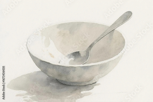 Watercolor illustration of empty bowl and spoon, hand-drawn poverty awareness