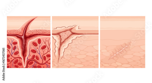 Detailed Medical Illustration of the Human Skin Wound Healing Process and Subsequent Scar Formation Stages