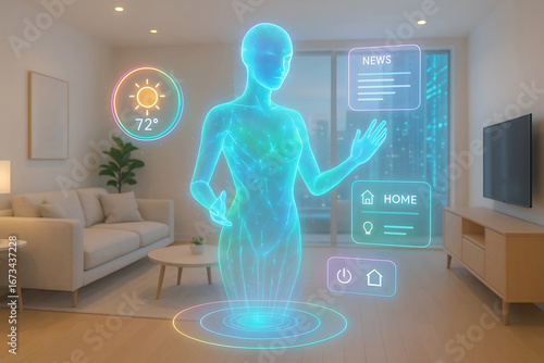 Futuristic holographic human interface displaying weather news and home controls in modern living room