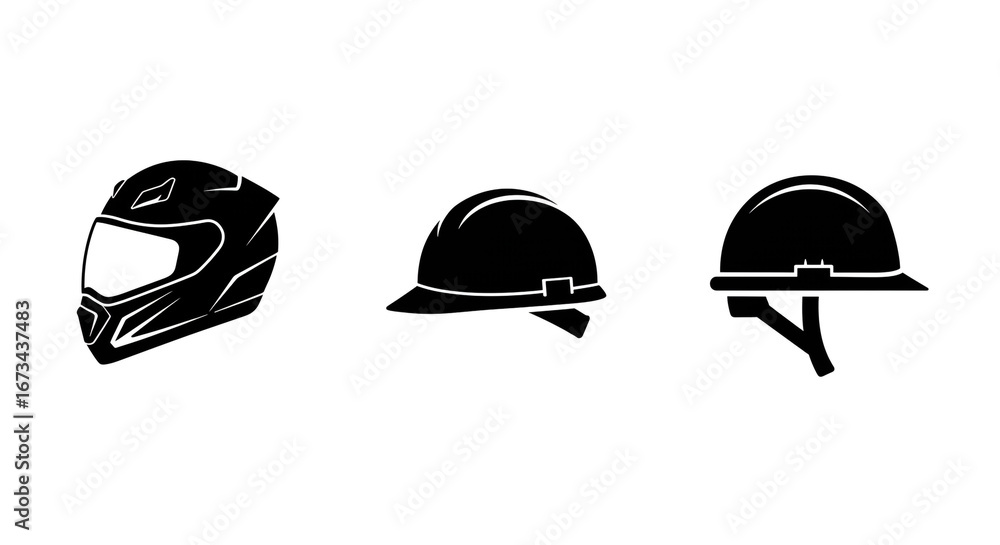Fototapeta premium Protective headwear collection featuring motorcycle, construction, and hard hats for safety and style.