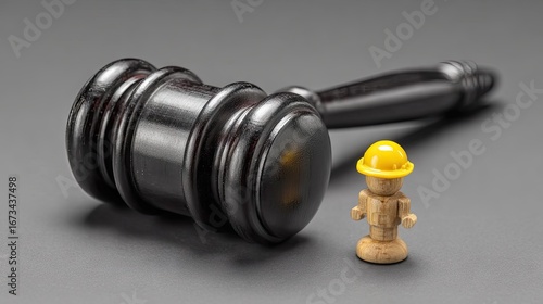 A dark wooden gavel rests beside a small, wooden figure in a yellow hard hat on a gray surface